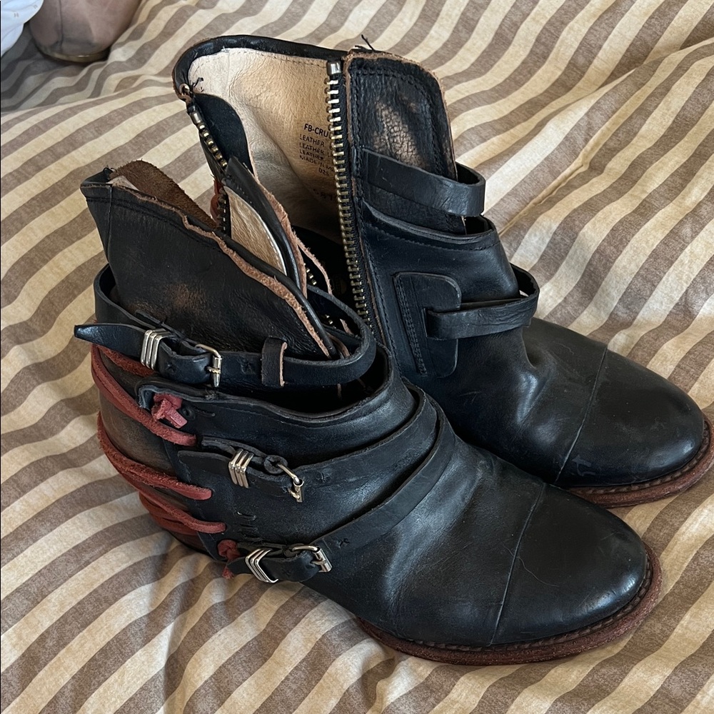 Freebird by Steven Black Leather Combat Boots with Red Accent Straps